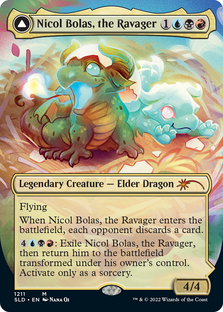 Nicol Bolas, le dévastateur // Nicol Bolas, l'éveillé (Commandant de présentation) (Sans bordure) [Secret Lair : Du mignon au brutal]